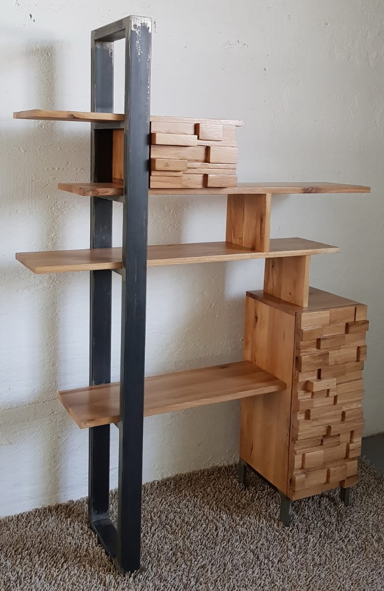 Biblioteca ROCK în stil industrial din lemn masiv de stejar cu picior metalic, dimensiuni 150/45/200 cm