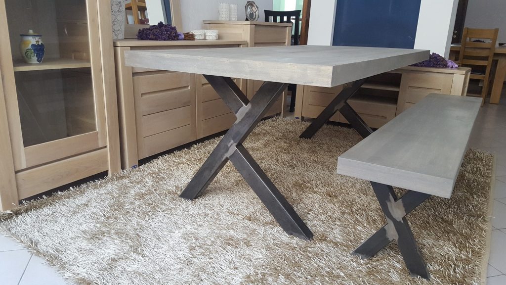ZIGO GREY set masa si bancuta din lemn masiv de stejar cu picioare negre