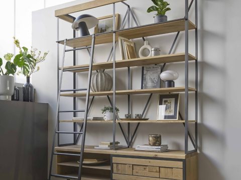 Bibliotecă din lemn masiv pentru living mic: vitrine cu sticlă sau fronturi pline? 42 Biblioteca Bali